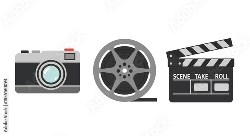 Retro camera, film reel, and clapboard icons for cinematic themes
