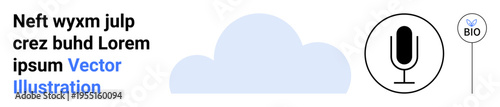 Technology, audio recording, cloud storage, digital profiles, podcasting, remote communication. A microphone icon, a cloud graphic and a bio label. Cloud storage and audio recording concepts