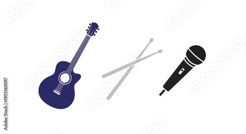Musical instruments collection: guitar, drumsticks, microphone icons