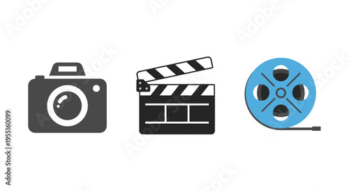 Filmmaking icons: camera, clapperboard, film reel in flat design