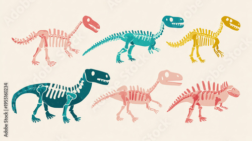 Flat illustration of colorful naive cartoon dinosaur skeletons, perfect for children's books, educational materials, or playful decor.