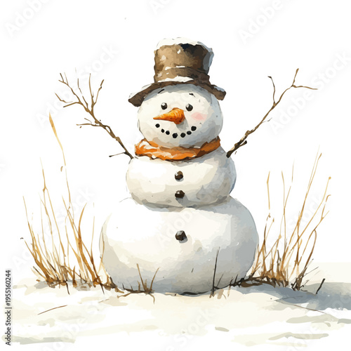 watercolor hand-drawn of Snowman With Carrot Nose, isolated on a white background.
