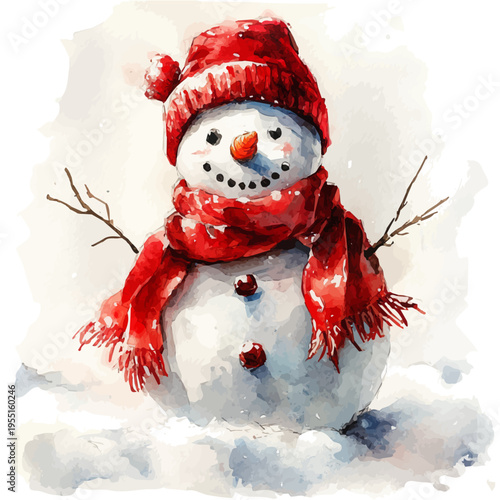 Snowman With Carrot Nose, serene watercolor vector artwork with smooth washes of color and refined textures, isolated on a white background.