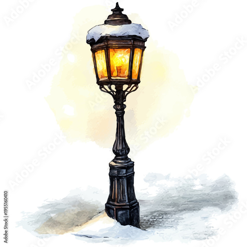 Snow-covered Street Lamp, serene watercolor vector artwork with smooth washes of color and refined textures, isolated on a white background.