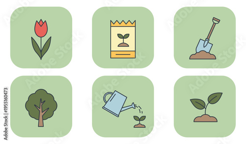 Garden icon set with tulip, seeds, shovel, tree, and watering can. Vector illustration for spring design