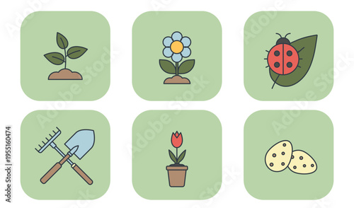 Flat spring icon set with sprout, flower, ladybug, tools, and easter eggs. Vector illustration for spring design