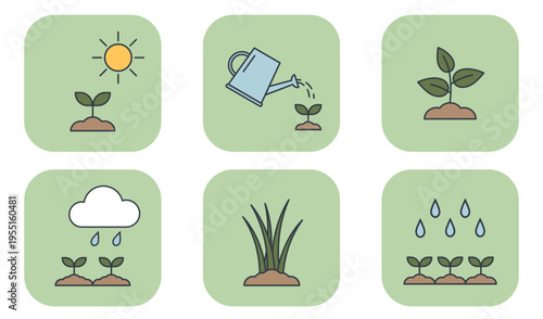 Spring icon set showing sprout growth stages under sun and rain. Hand drawn vector illustrations
