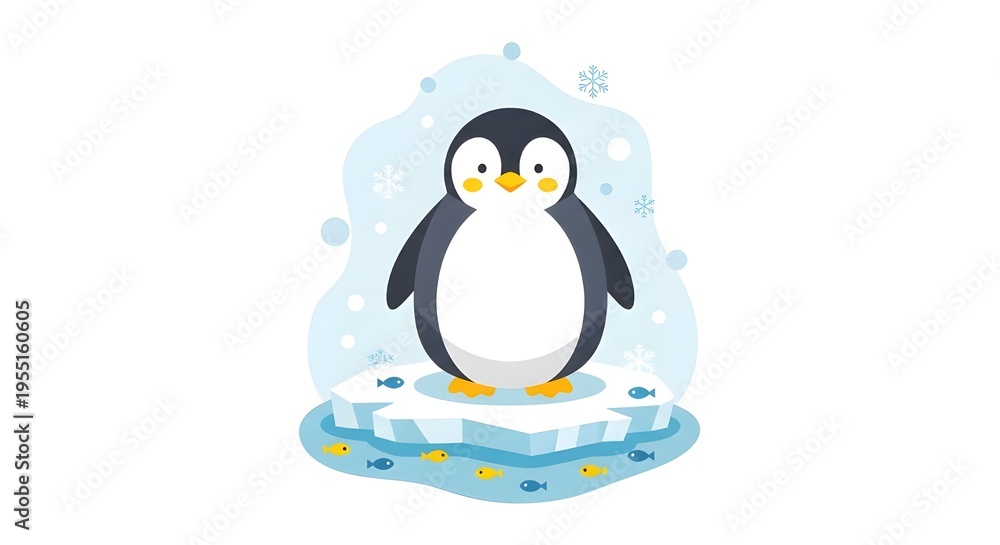 Obraz premium Cute cartoon penguin standing on an iceberg with small fish swimming around in a winter wonderland scene