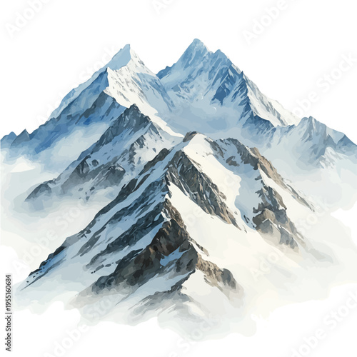 Snow-covered Mountain Peaks, serene watercolor vector artwork with smooth washes of color and refined textures, isolated on a white background.