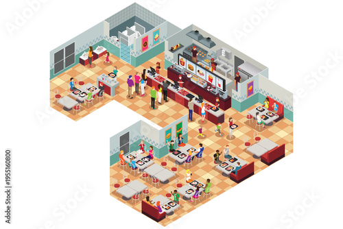 Isometric Interior of Fast Food Restaurant Vector Illustration