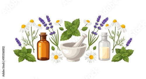 Aromatherapy set with natural herbal essential oils, lavender, chamomile, and mint, arranged around a mortar and pestle for holistic wellness and beauty concepts
