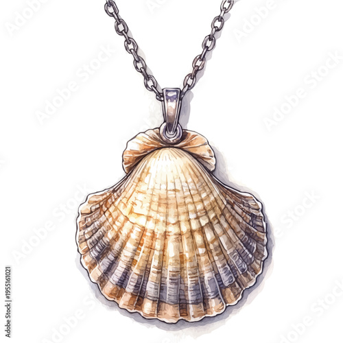 Seashell Necklace, serene watercolor vector artwork with smooth washes of color and refined textures, isolated on a white background.