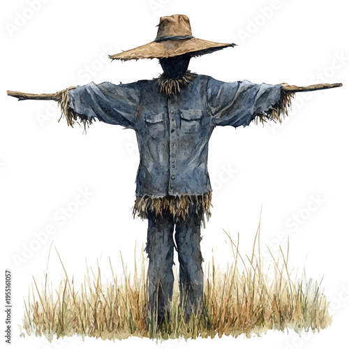 Scarecrow Decoration, playful watercolor vector painting with subtle shadowing and soft gradients, isolated on a white background.