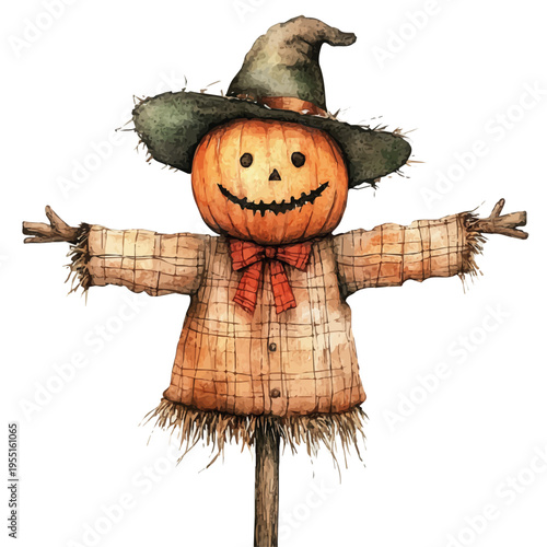 Scarecrow Decoration, playful watercolor vector painting with subtle shadowing and soft gradients, isolated on a white background.