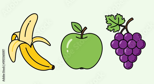 Fresh fruit collection: banana, apple, and grapes in a bright cartoon style