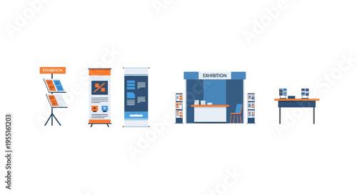 Trade show booth design elements in flat style for event displays