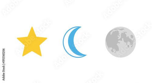 Minimalist celestial symbols: star, crescent moon, and full moon