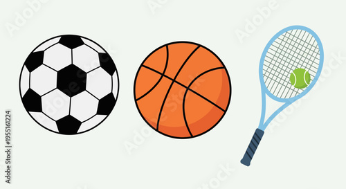 Sports equipment: soccer ball, basketball, and tennis racket