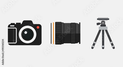 Photography equipment set featuring camera, lens, and tripod elements in flat design