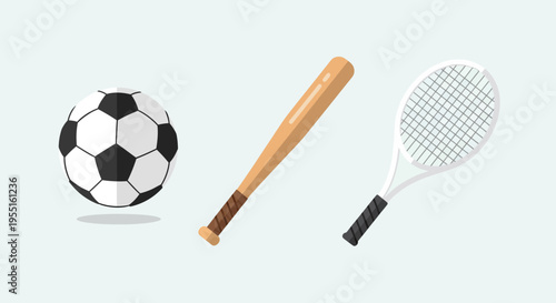 Sporting equipment icons: soccer ball, baseball bat, tennis racket in minimalist style