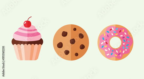 Sweet treat trio: cupcake, cookie, and donut in flat design