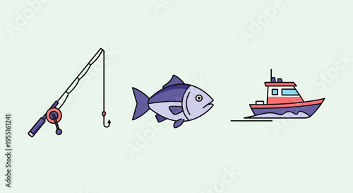 Fishing adventure: rod, fish, and boat icons for outdoor enthusiasts