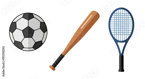 Soccer ball, baseball bat, and tennis racket: sports equipment collection