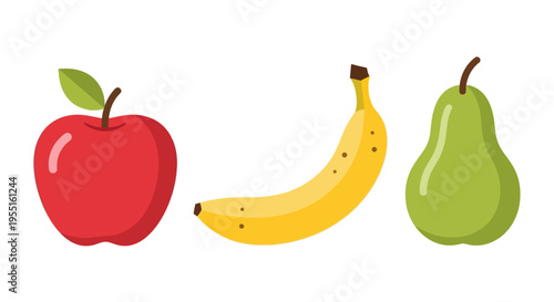 Colorful flat art of apple, banana, and pear on white background