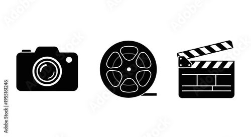 Classic film theme icons: camera, film reel, and clapperboard in silhouette
