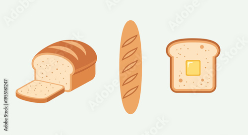 Minimalist bread icon set featuring loaf, baguette, and toast with butter