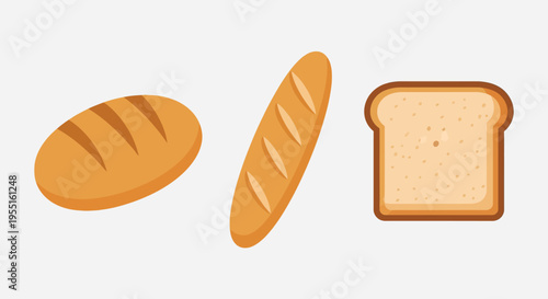 Various bread types: loaf, baguette, and sliced bread in flat design