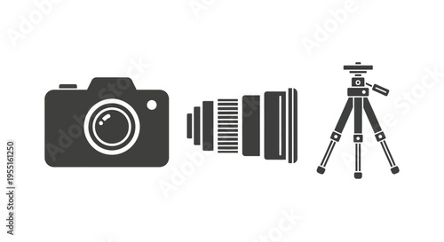 Photography equipment silhouette with camera, lens, and tripod