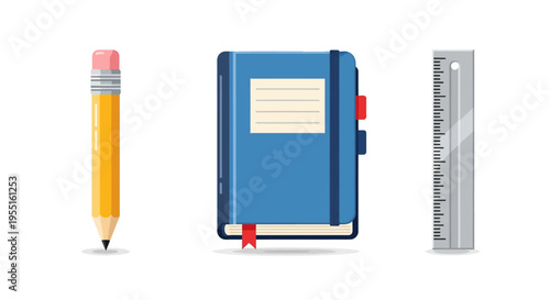 Colorful school supplies: pencil, notebook, and ruler on white background