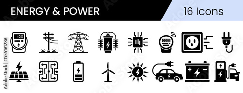 Energy and Power icon set. Filled icons of electricity and voltage