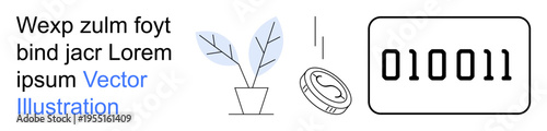 Finance, technology, innovation, growth, digital economy, investment. A stylized plant next to a coin icon and binary code. Finance and technology concepts illustrated creatively