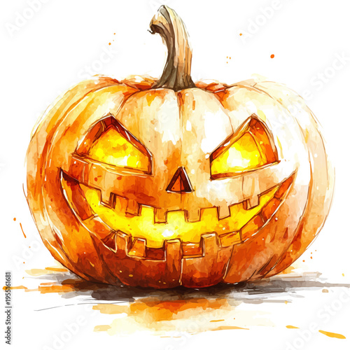 Pumpkin Lantern Glowing, serene watercolor vector artwork with smooth washes of color and refined textures, isolated on a white background.