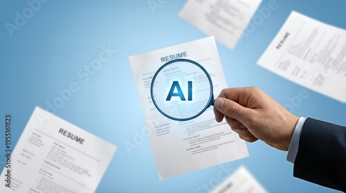 A professional examining resumes with AI text highlighted through a magnifying glass.