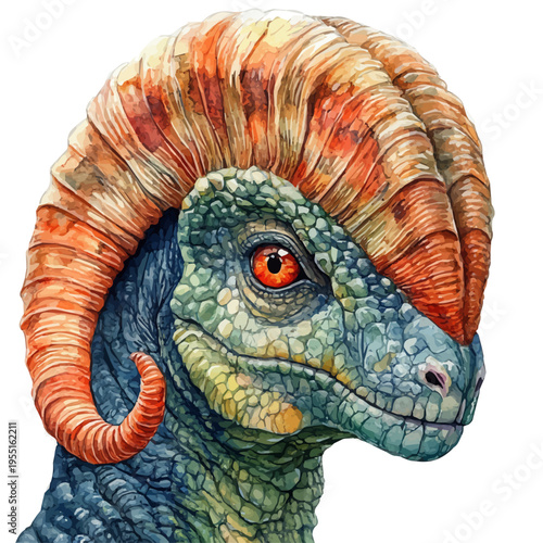 watercolor hand-drawn of Parasaurolophus, isolated on a white background.
