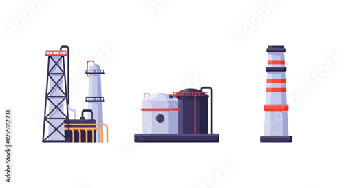 Industrial plant set with chimney and refineries in flat design