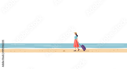 Woman walking on beach with suitcase in minimalist style