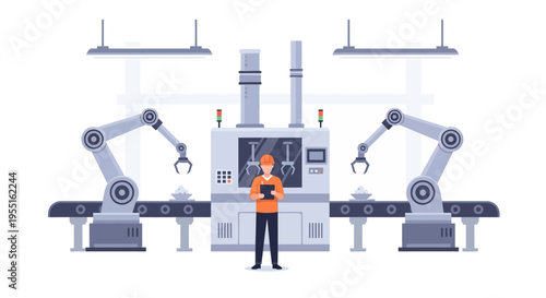 Automated factory scene with robotics and engineer in minimalist style