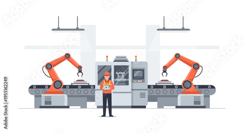 Automated manufacturing facility with robotic arms and technician