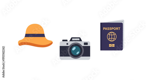 Travel essentials: stylish hat camera and passport for modern