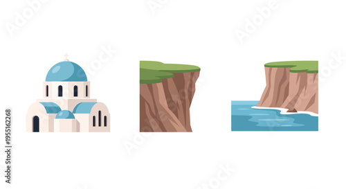 Greek landmark with blue domes and coastal cliffs in minimalist style