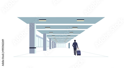 Minimalist modern airport interior with business traveler and luggage