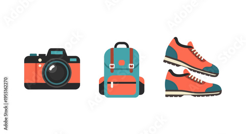 Flat design travel essentials set with camera backpack sneakers