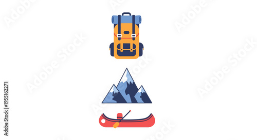 Adventure icons: backpack mountains and canoe in flat design