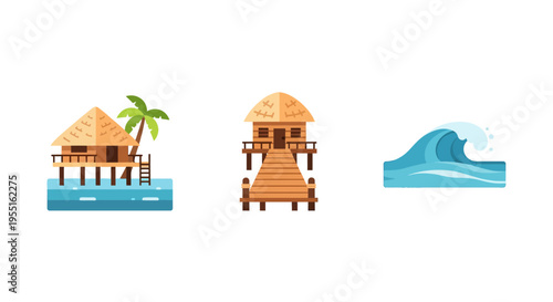 Tropical beach getaway with overwater bungalows and ocean waves