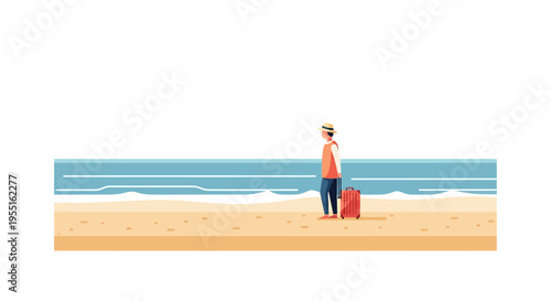 Traveler on beach with suitcase: minimalist art capturing coastal