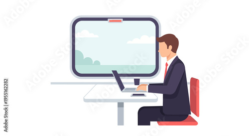 Businessman working on laptop in train compartment with scenic window